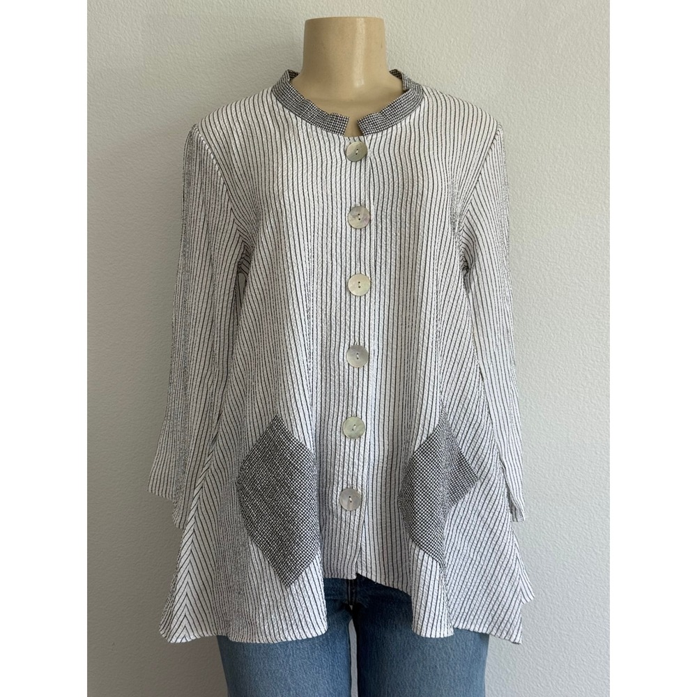Habitat Seersucker Blouse S Coastal Grandmother Lagenlook Stripe Art To Wear NEW